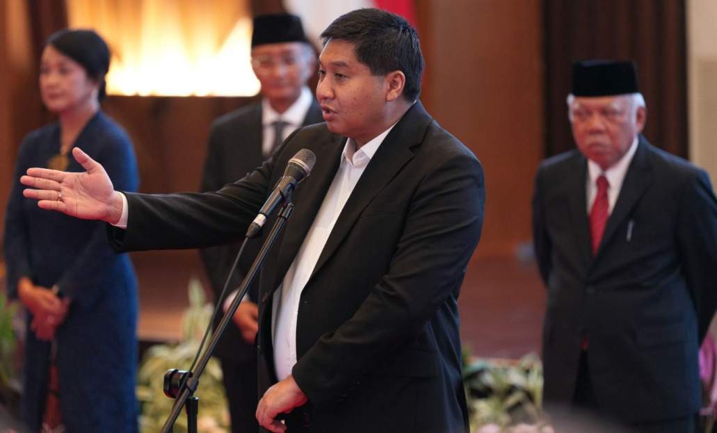 Menteri PKP Maruarar Sirait saat memberikan sambutan dalam sertijab di Kementerian PUPR. (Novita Amelilawaty)