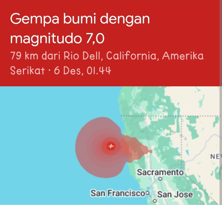 Peringatan gempa magnitudo 7,0 di California, Amerika Serikat, Kamis (5/12/2024) waktu setempat. (istimewa)