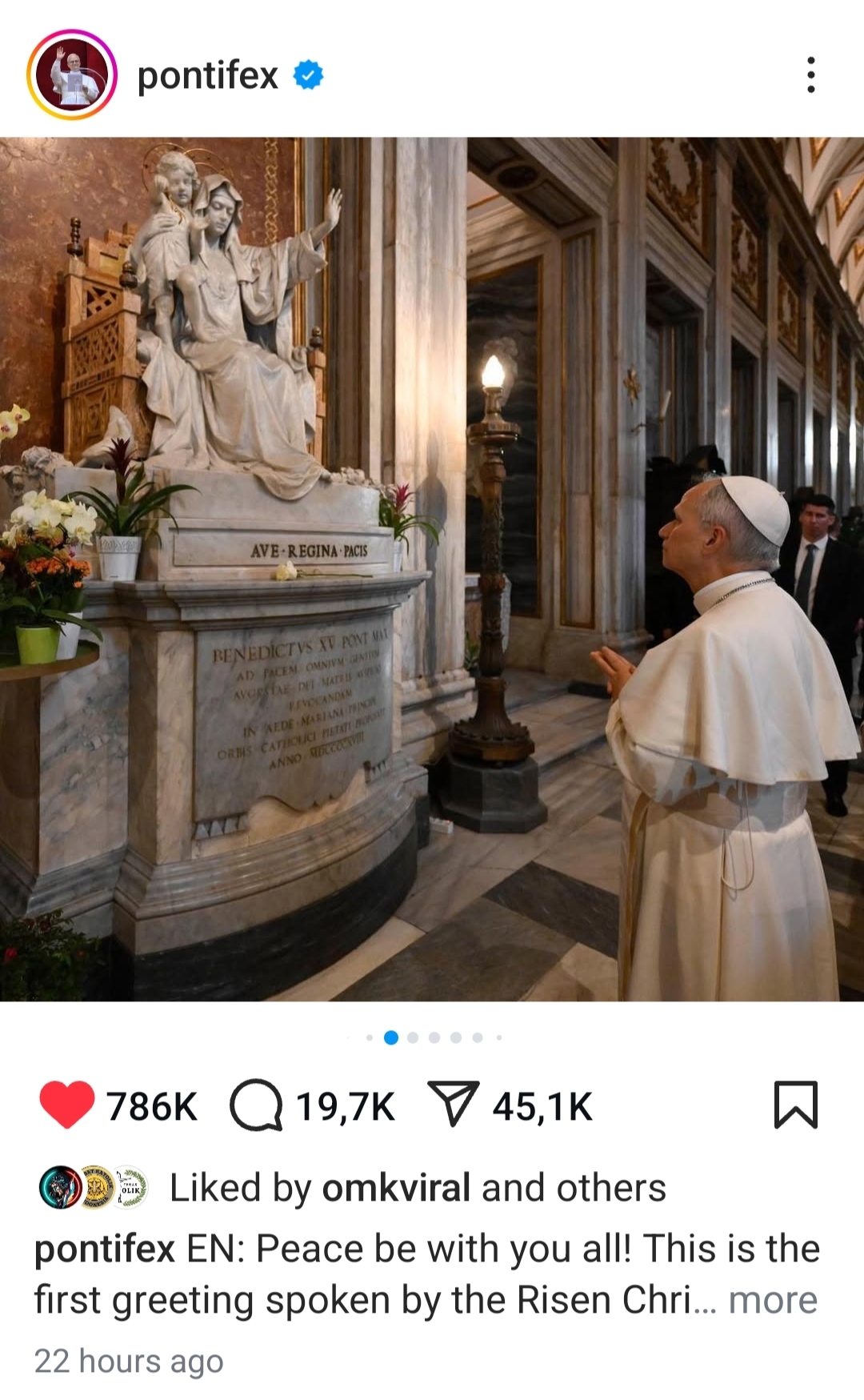 Akun Instagram Paus Leo XIV yang baru dibuat Selasa (13/5/2025), sudah diikuti 7,5 juta follower. (Tangkapan layar IG @pontifex)