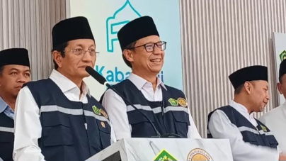 Menteri Agama RI Nasaruddin Umar, saat memimpin langsung pelepasan jemaah haji 2025 kloter pertama, di Asrama Haji Pondok Gede Jakarta, Kamis (1/5/2025). (Foto: IST)