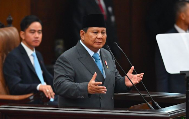 Presiden Prabowo Subianto menyampaikan pidato dalam Sidang Tahunan MPR RI dan Sidang Bersama DPR-DPD RI Tahun 2025 di Gedung Nusantara, Kompleks Parlemen. (Dok. Antara)