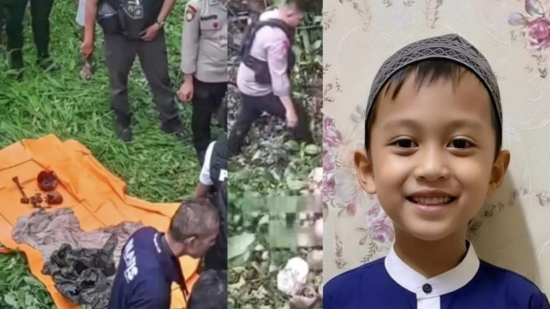 Petugas kepolisian saat menemukan kerangka Alvaro (kiri). Sosok bocah Alvaro Kiano Nugroho semasa hidup (kanan). (Foto: dok. Istimewa)