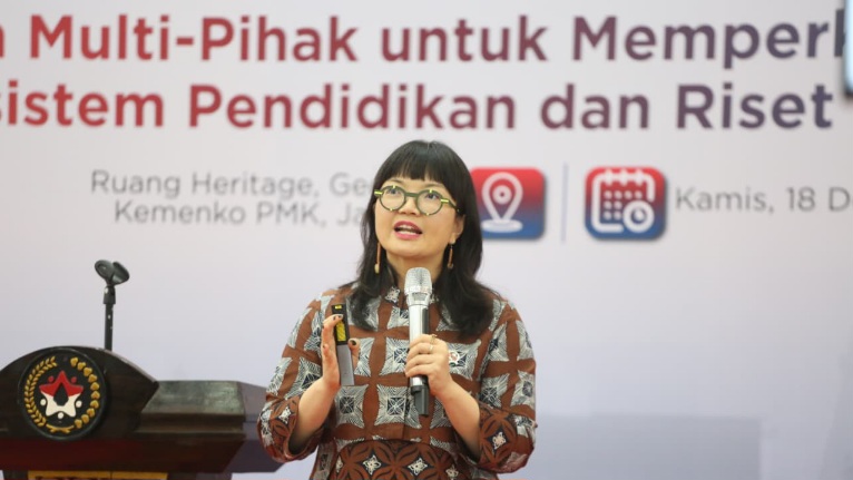 Wakil Menteri Pendidikan Tinggi, Sains, dan Teknologi, Stella Christie, dalam acara Human Development Synergy Forum: Kemitraan Multi-Pihak untuk Memperkuat Kebijakan Ekosistem Pendidikan dan Riset Nasional di Jakarta, Kamis (18/12/2025). (Foto: Istimewa)