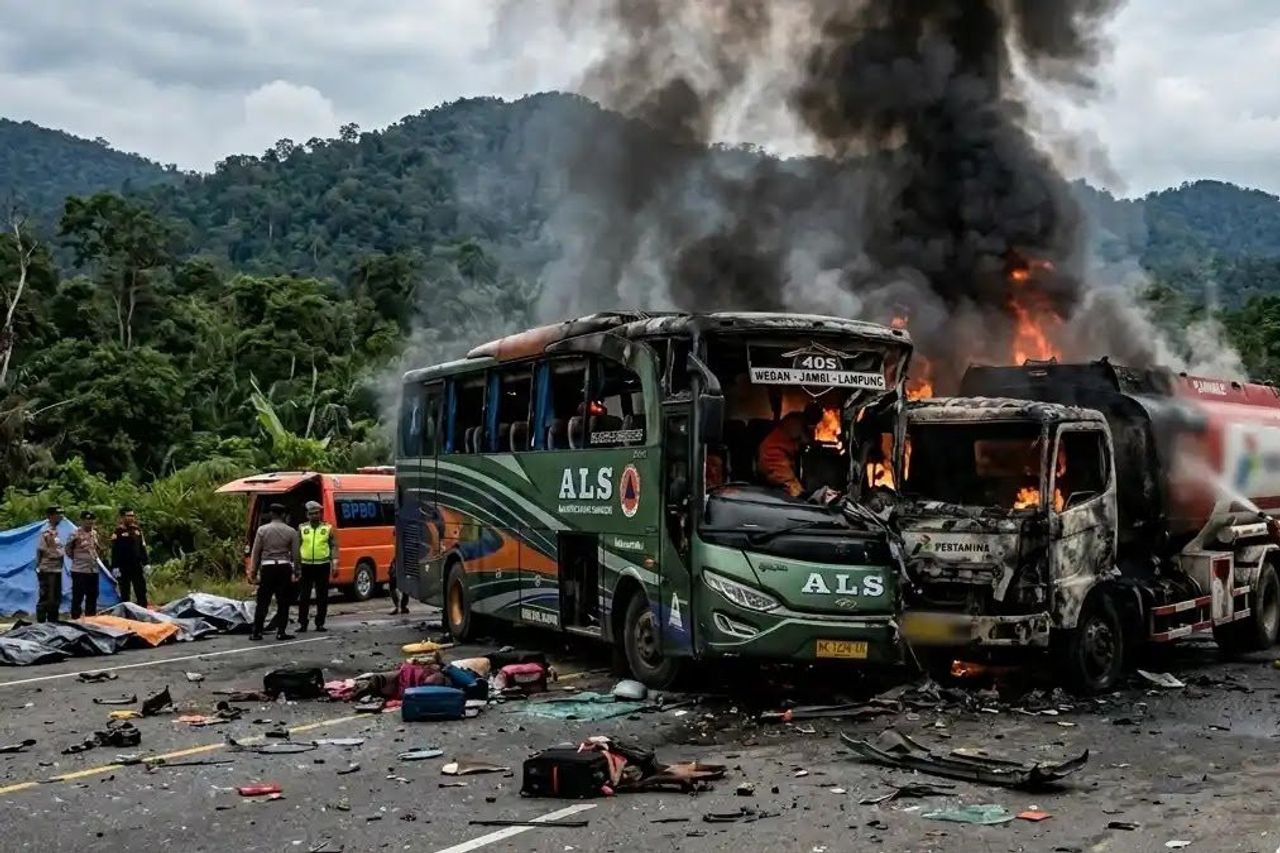 Bus ALS di Sumsel tabrak truk tangka dan sebabkan 16 orang meninggal dunia, Kamis (7/5/2026). (Polda Sumsel)