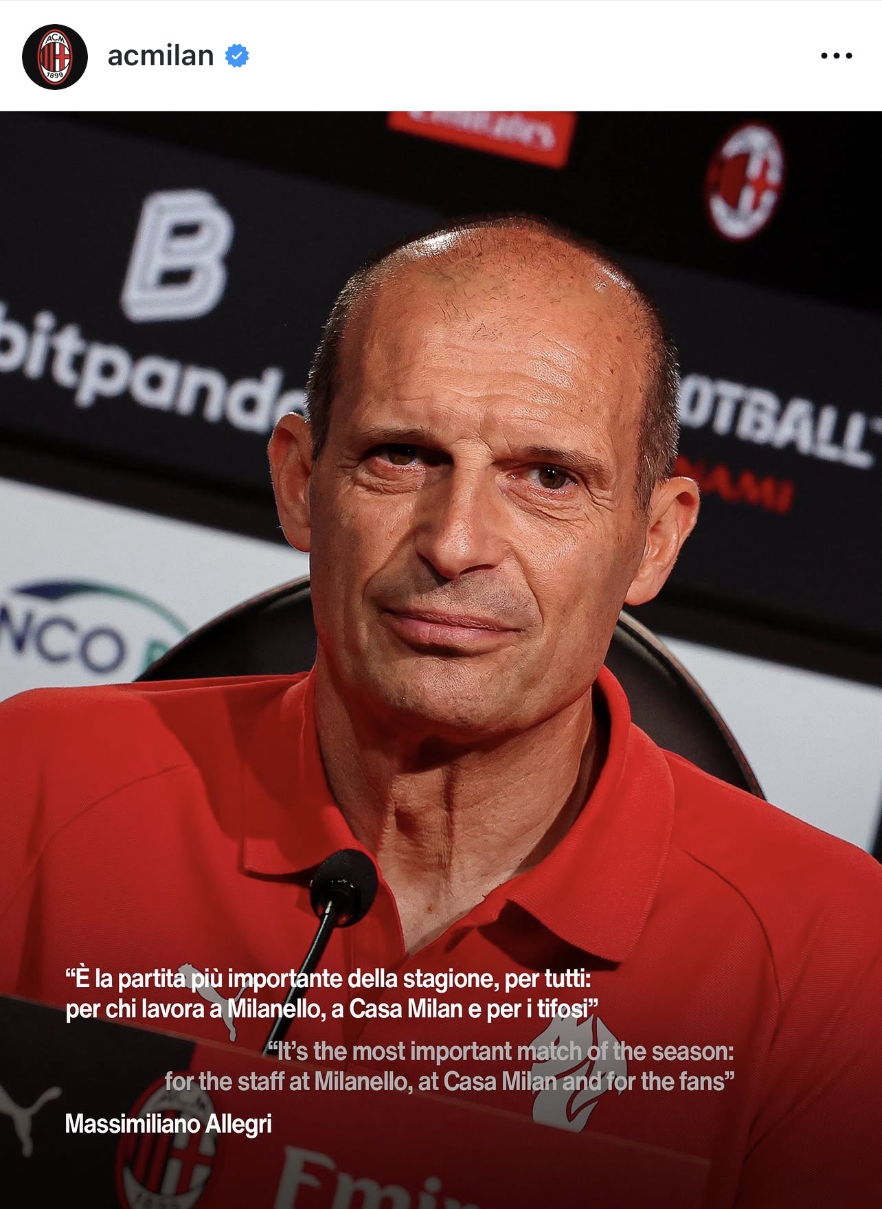 Pelatih AC Milan Massimiliano Allegri saat memberikan keterangan pers. (Tangkapan Layar Instagram @acmilan) 