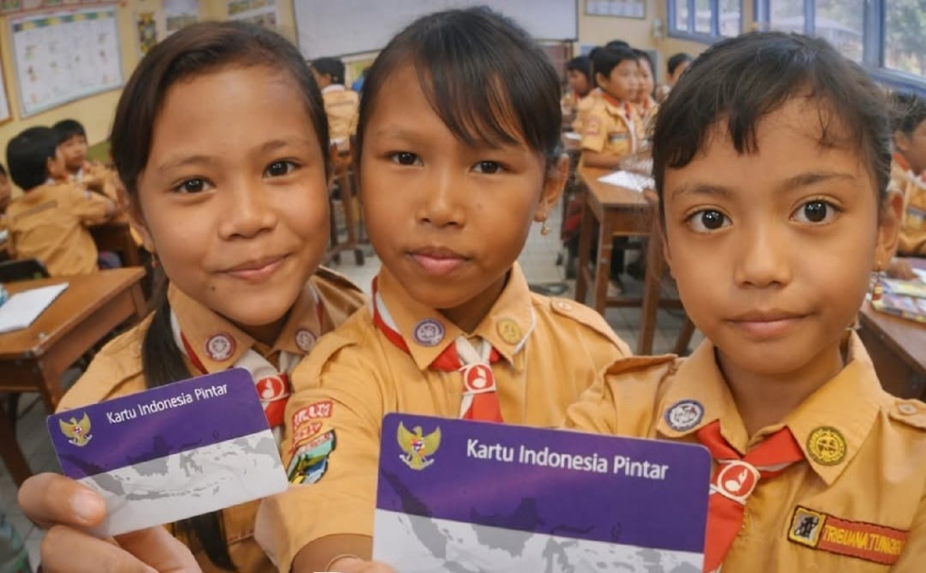 Ilustrasi anak-anak SD memperlihatkan Kartu Indonesia Pintar (KIP). (Foto : AI)