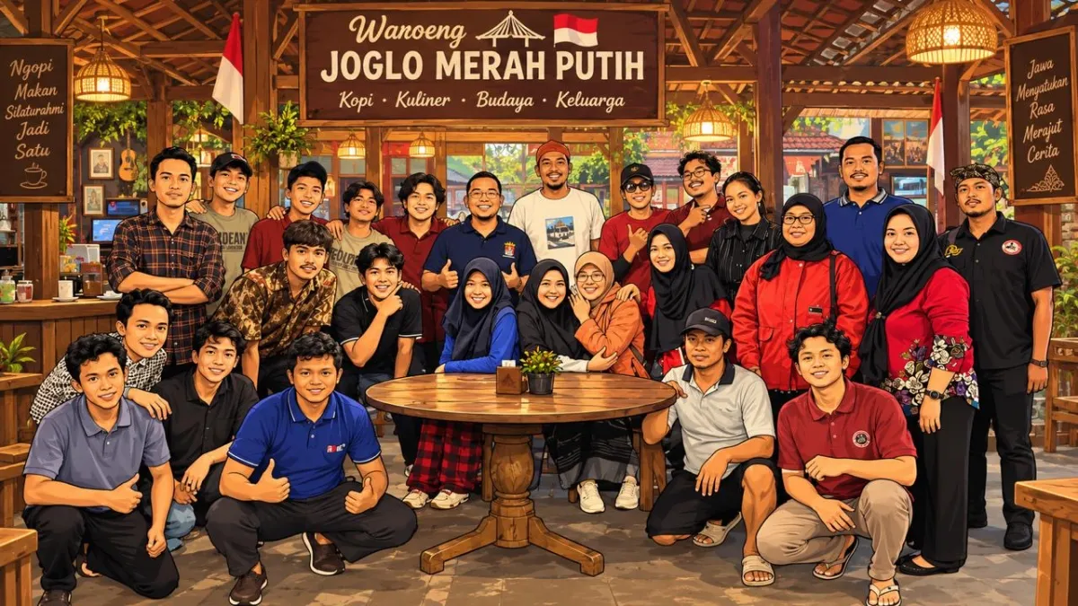Ilustrasi keluarga besar Waroeng Joglo Merah Putih, MERR, Gunung Anyar, Jawa Timur. (AI Generated)